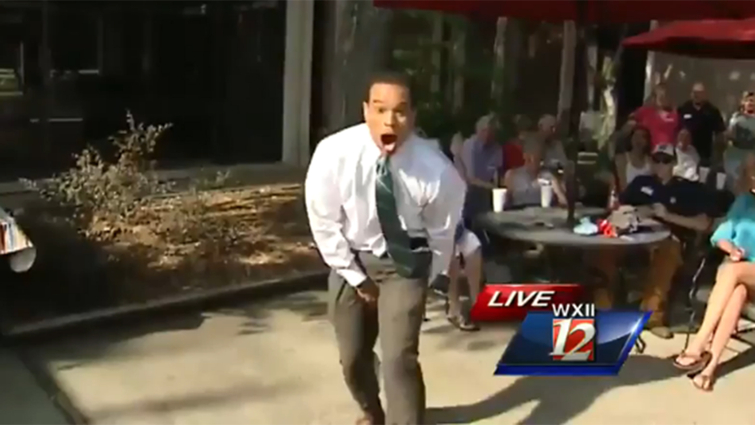 TV reporter's daring leap leads to embarrassing split  in his pants