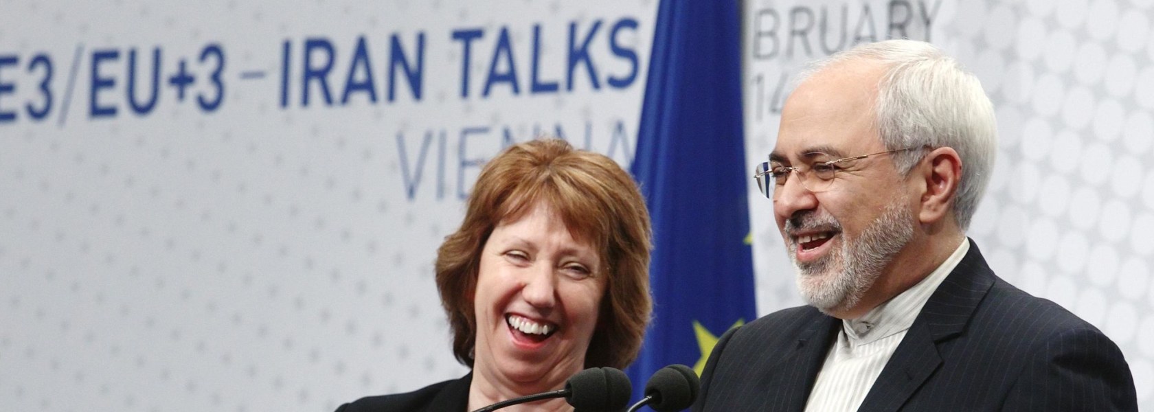 Image: European Union foreign policy chief Ashton and Iranian Foreign Minister Zarif share a laugh during a press statement after a conference in Vienna