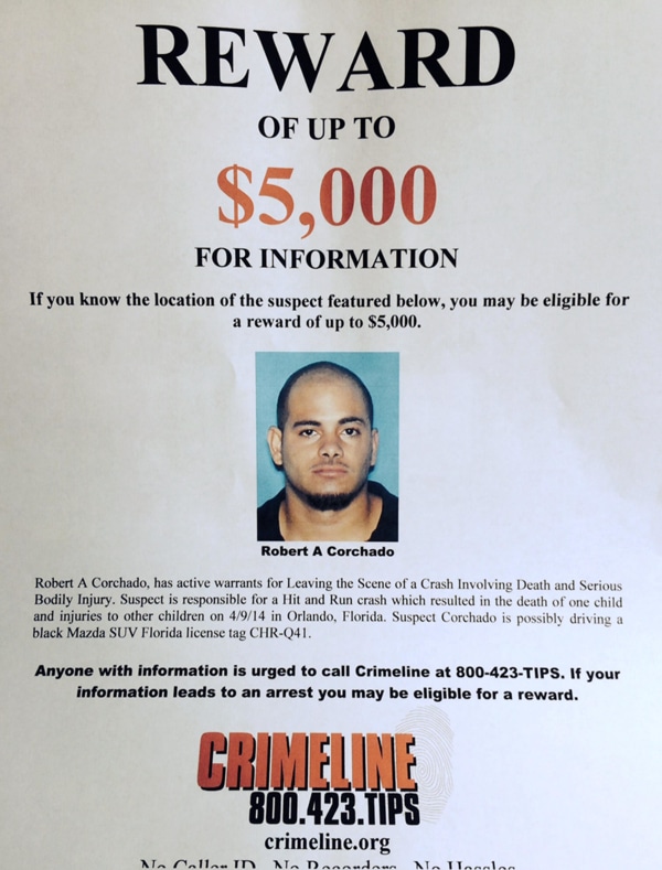 Image: A reward is being offered for information inconnection to Robert Corachado, a suspect in a hit-and-run crash at a daycare in Orlando, Fla.
