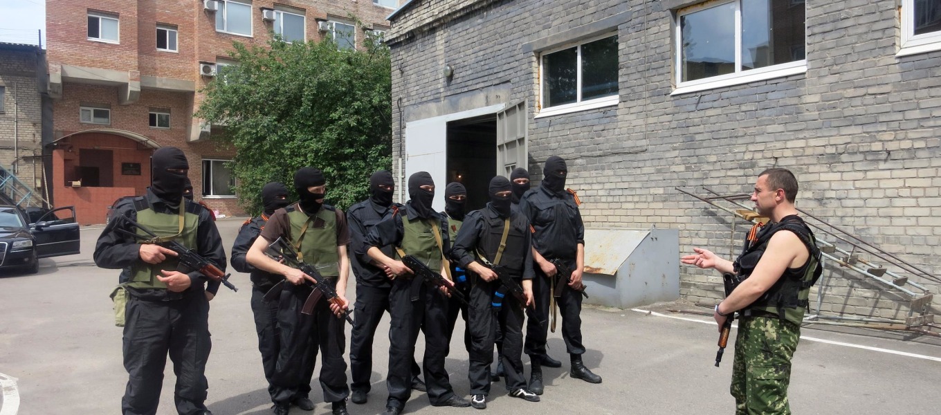 Members of the Russian Orthodox Army training in Donetsk, eastern Ukraine.