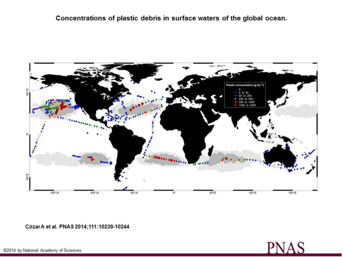 Image:  Andres Cozar Cabanas published a study last July showing where plastic debris has been found in the five gyres 