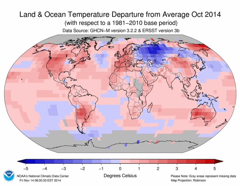 Image: Land and ocean temperature departures for October 2014