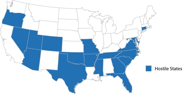 Here are the states the study deems "Hostile." 