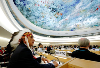 Image: Dave Archambault II chairman of the Standing Rock Sioux tribe waits to give his speech against the Energy Transfer Partners' Dakota Access oil pipeline at the U.N. in Geneva