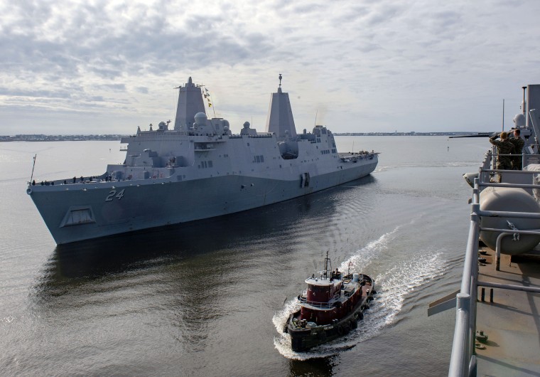 USS Arlington gets underway from Morehead City, North Carolina, on Dec. 19, 2018.
