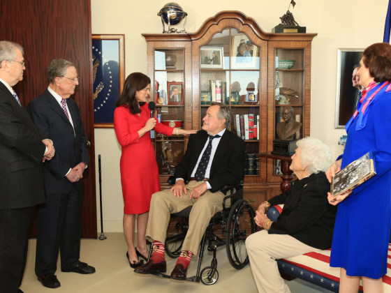 While accepting an award from the Lyndon B. Johnson Foundation in Houston on Tuesday, former president and noted sock man George H.W. Bush sported a pair given to him by a fan that have his own face on them.  