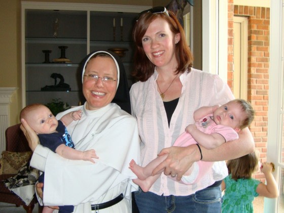 Hangin' with my sister: Jennifer Fulwiler with two of her children and Sister Elizabeth Ann, one of the Sisters of Mary, Mother of the Eucharist (I’m the one in the pink shirt, Jennifer adds helpfully).