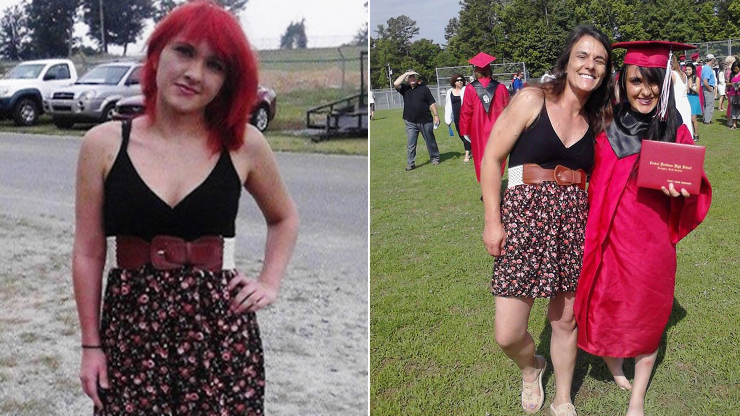  Mom  wears same dress  to graduation  that got her daughter 