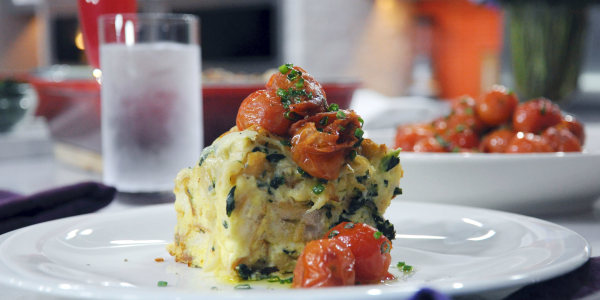 Caramelized Onion, Spinach & Gruyere Strata with Tomatoes