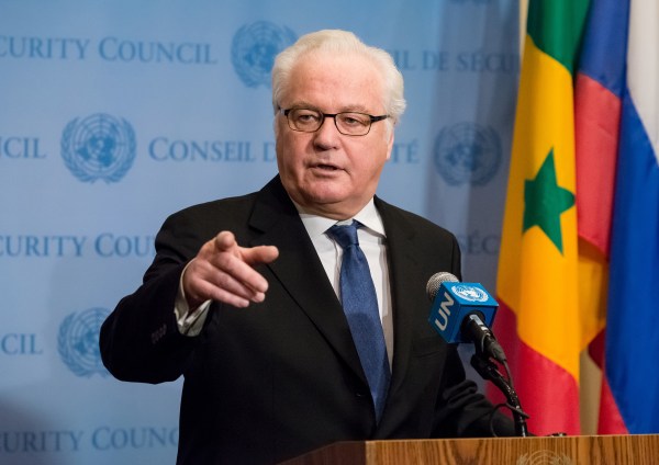 Image: Russia's Permanent Representative to the UN, Vitaly Churkin, speaks with the press following United Nations Security Council discussions at UN Headquarters in New York on Dec. 30, 2016.