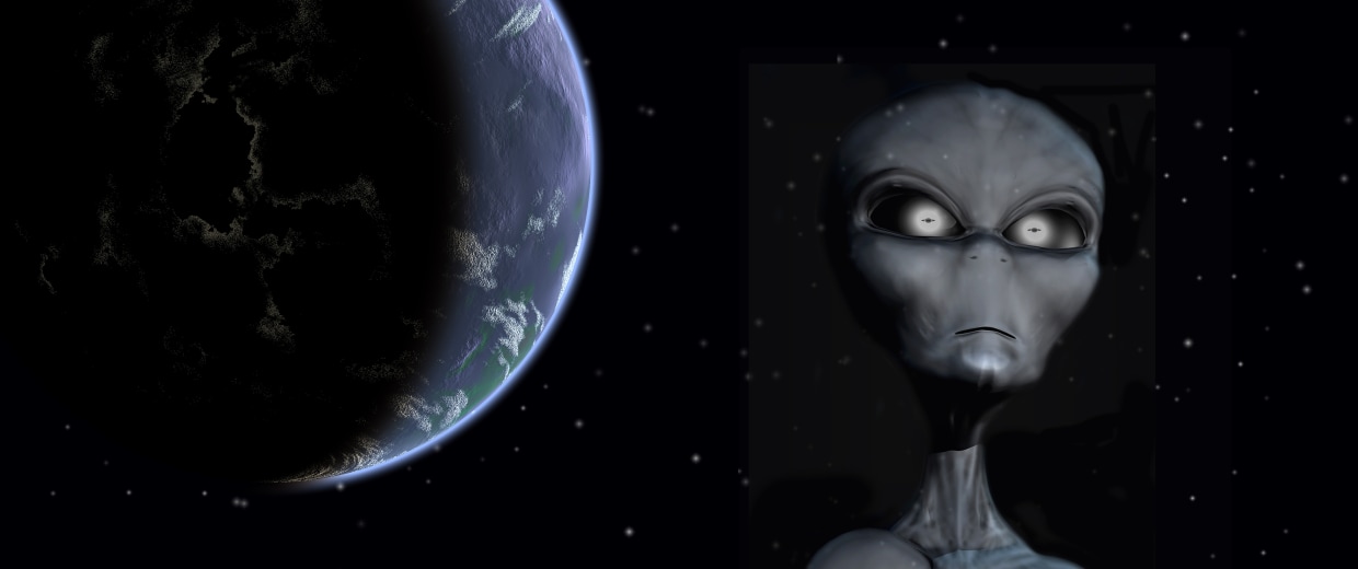 A Grey Alien standing against an outer space background, with planet Earth.