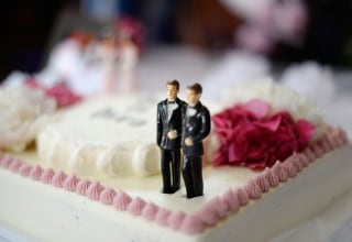 IMAGE: A wedding cake for same-sex couples at a wedding celebration at The Abbey on July 1, 2013 in West Hollywood, California.