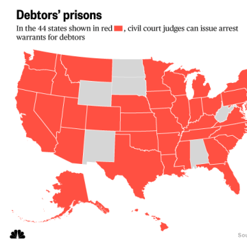 In the 44 states shown in orange, civil court judges can issue arrest warrants for debtors