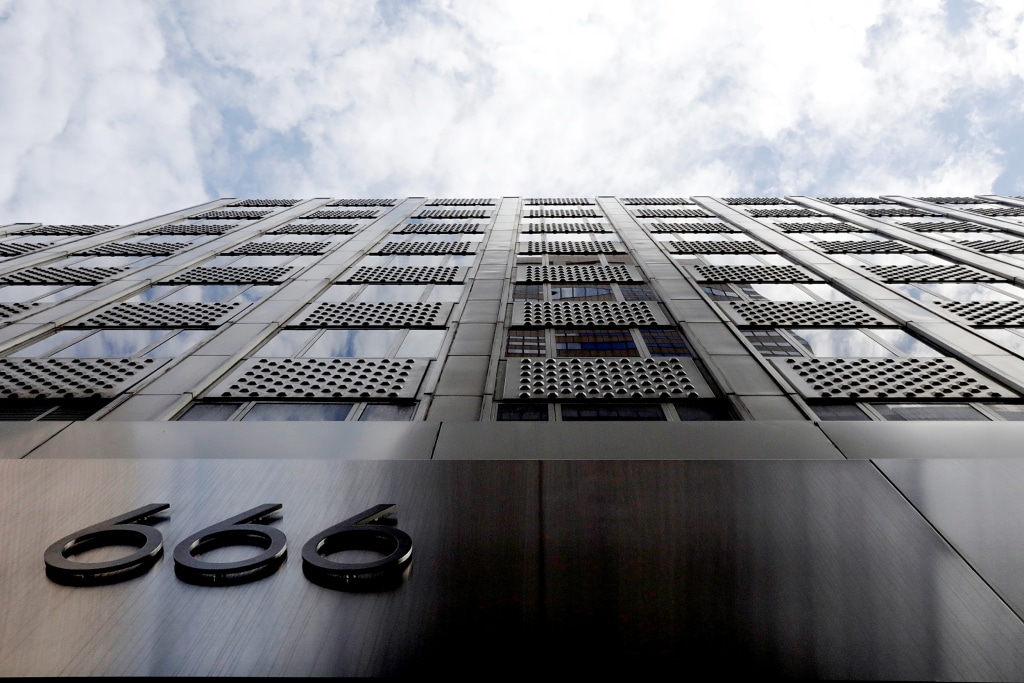 A building at 666 Fifth Avenue, owned by Kushner Companies, rises above the street in New York