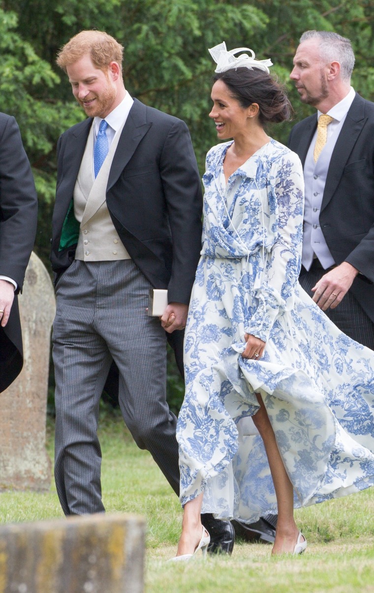 Meghan Duchess Of Sussex And Prince Harry Duke Of Sussex Arriving For The Wedding Of Celia McCorquodale In Stoke Rochford
