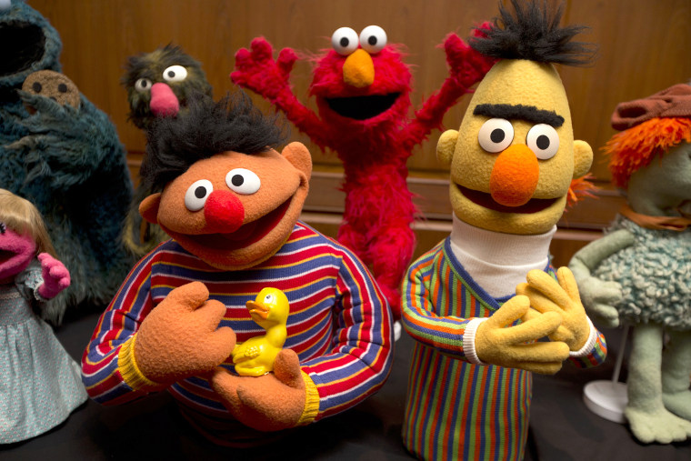 Bert and Ernie, as well as Elmo, center, are among a donation of additional Jim Henson objects to the Smithsonian's National Museum of American History in Washington on Sept. 24, 2013.