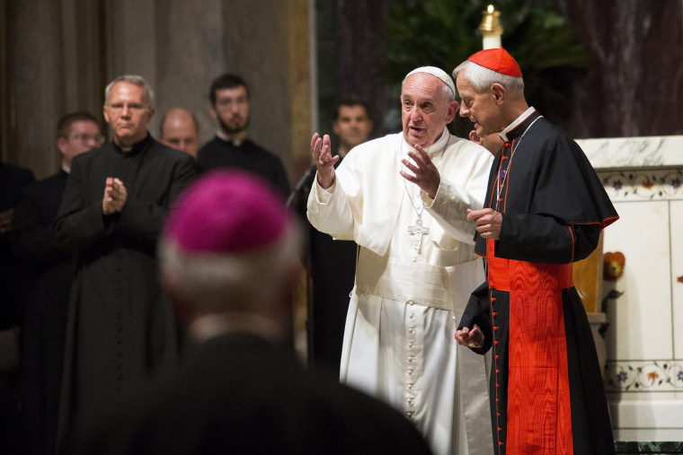 Image: Pope Francis speaks with Cardinal Donald Wuerl during a midday prayer at St. Matthew's Cathedral in Washington on Sept. 23, 2015.