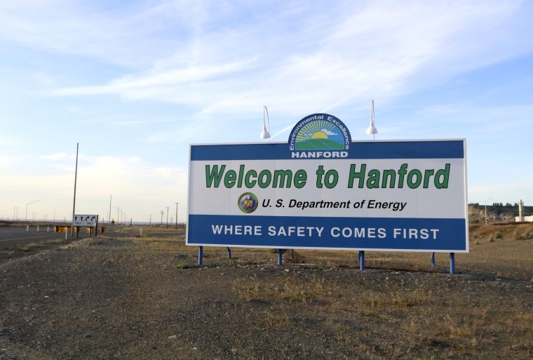 Image: A sign welcomes drivers to Handford Nuclear Reservation in Richland, Washington, in May 2017.