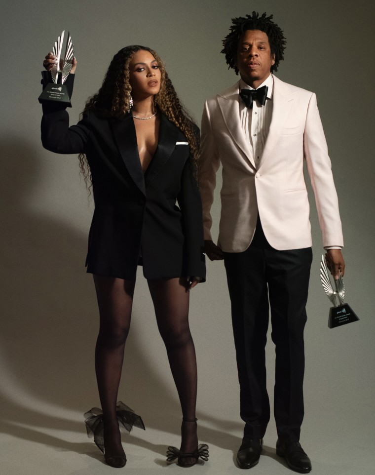 Beyonce and Jay-Z pose with their GLAAD awards on March 28, 2019.