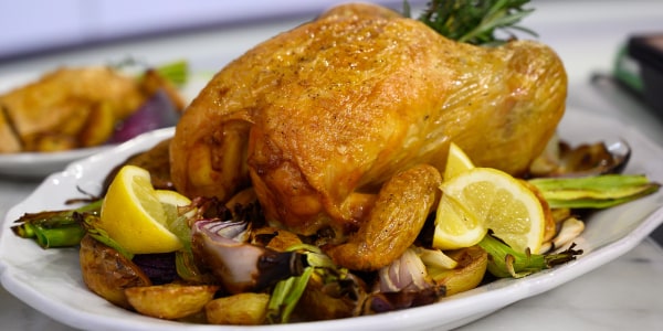 Roast Chicken with Fava Bean and English Pea Salad