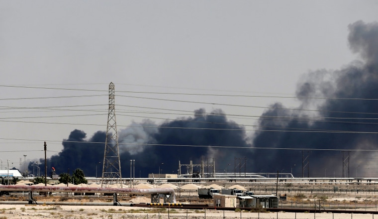 Image: Smoke rises following a fire at the Aramco facility in Saudi Arabia on Sept. 14, 2019.