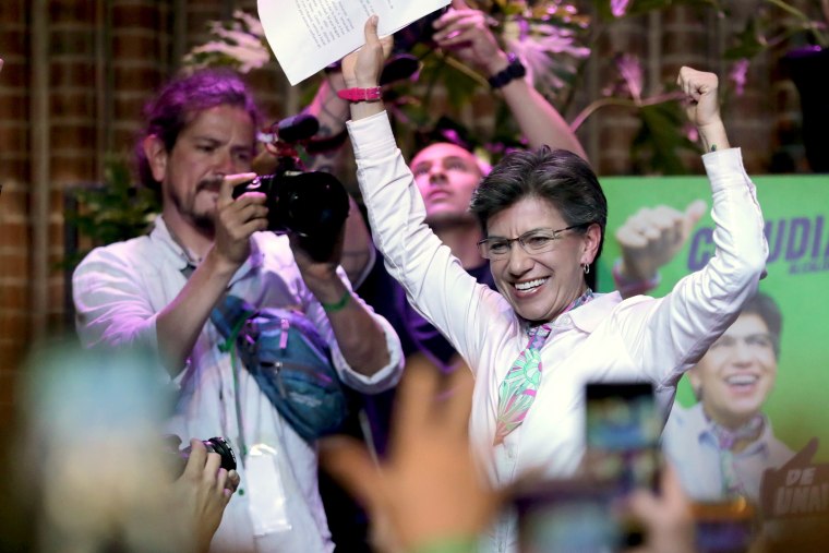 Claudia Lopez, mayoral candidate for Bogota, celebrates after winning local elections in Bogota