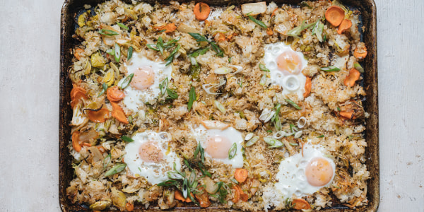 Sheet of Pan Kimchi Fried Rice with Baked Eggs