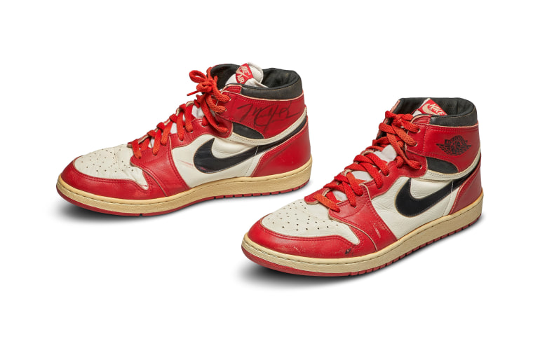 Image: A pair of 1985 Nike Air Jordan 1s, made for and worn by U.S. basketball player Michael Jordan