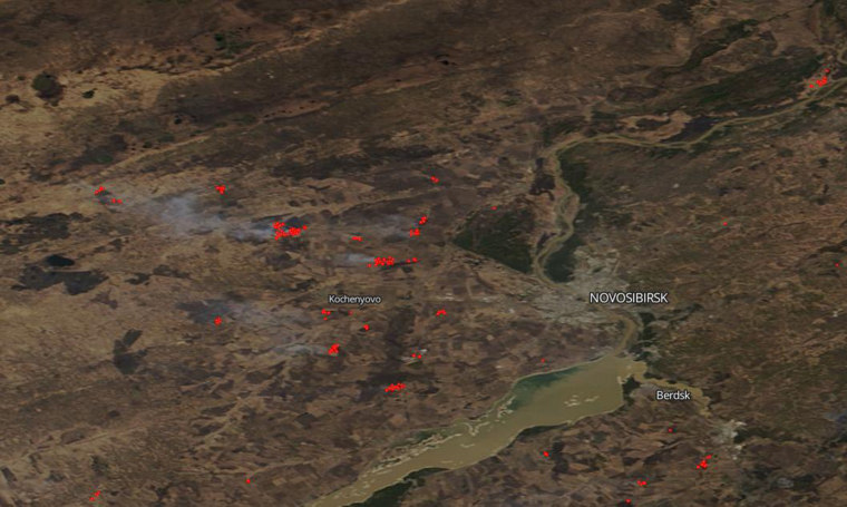 Image: A satellite image showing wildfires in the Novosibirsk Region, south Siberia on April 27, 2020