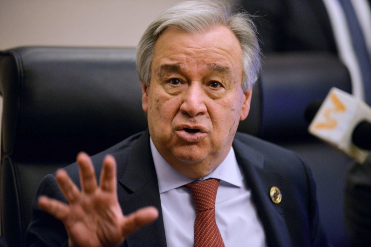 United Nations Secretary-General Antonio Guterres speaks during a press conference in Addis Ababa on Feb. 8, 2020.