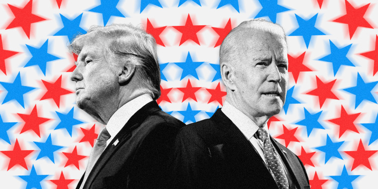 Image: President Donald Trump and Joe Biden on a background of concentric circles made up of blue and red stars.