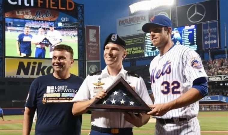 Image: Army Sgt. 1st Class Joshua Gravett honored at the Mets' first Pride Night in 2016.