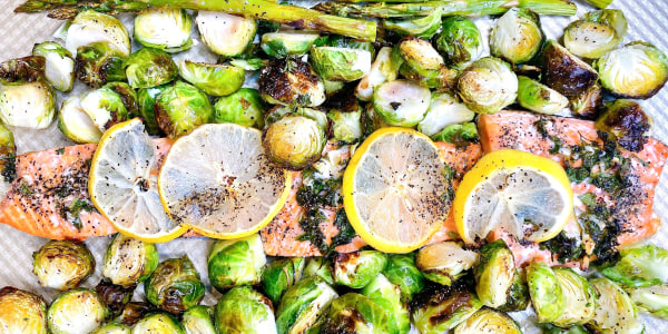 One-Pan Roasted Salmon, Asparagus and Brussels Sprouts