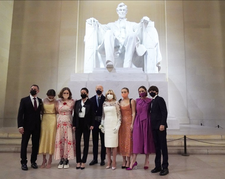 U.S. President Joe Biden, first lady Jill Biden and their family pose at the Lincoln Memorial where the president participated in a televised ceremony on January 20, 2021 in Washington, DC.