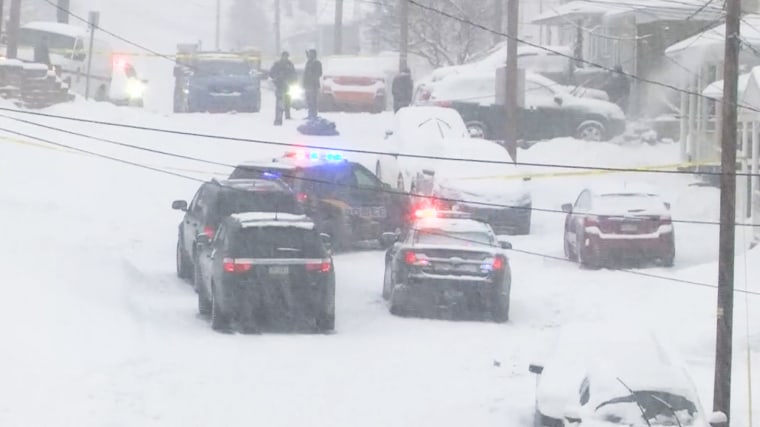 Police work the scene of a murder-suicide following a shoveling dispute that left three dead in Plains Township, Pa., on Feb. 1, 2021.