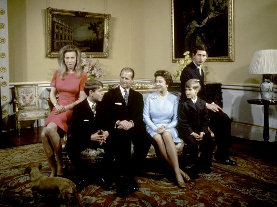 Image: Princess Anne, Prince Andrew, Prince Philip, Queen Elizabeth, Prince Edward and Prince Charles at Buckingham Palace, London, on Nov. 20, 1972.