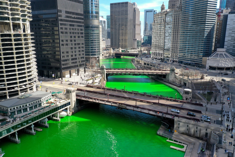The Chicago River as it flows through downtown after it was dyed green in celebration of St. Patrick's Day on March 13, 2021.