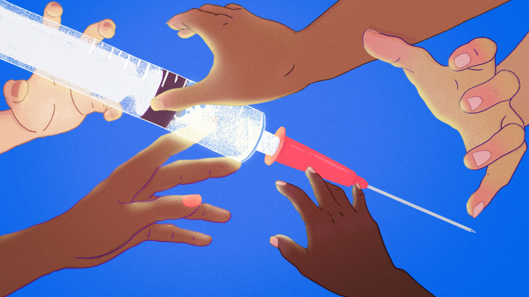 Illustration of hands of diverse skin tones grabbing a large vaccine syringe.