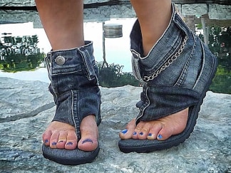 Would you dare wear denim sandal-boots?